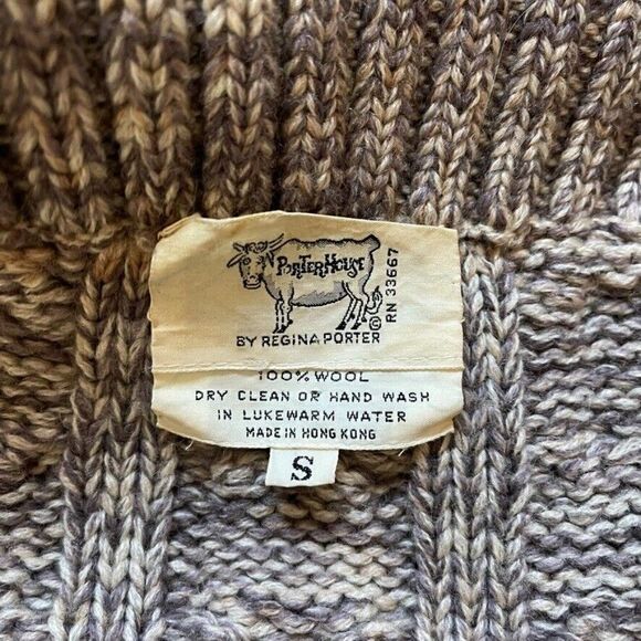 Vintage Womens Hand Knit Brown Wool Oversized Cable Fisherman Cardigan Sz L - Picture 2 of 9